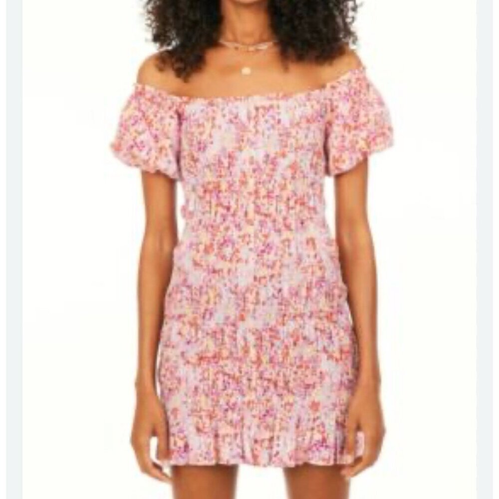 H&M Smocked Floral Mini Dress Puff Sleeves Cotton Linen Blend Women's Size M NWT